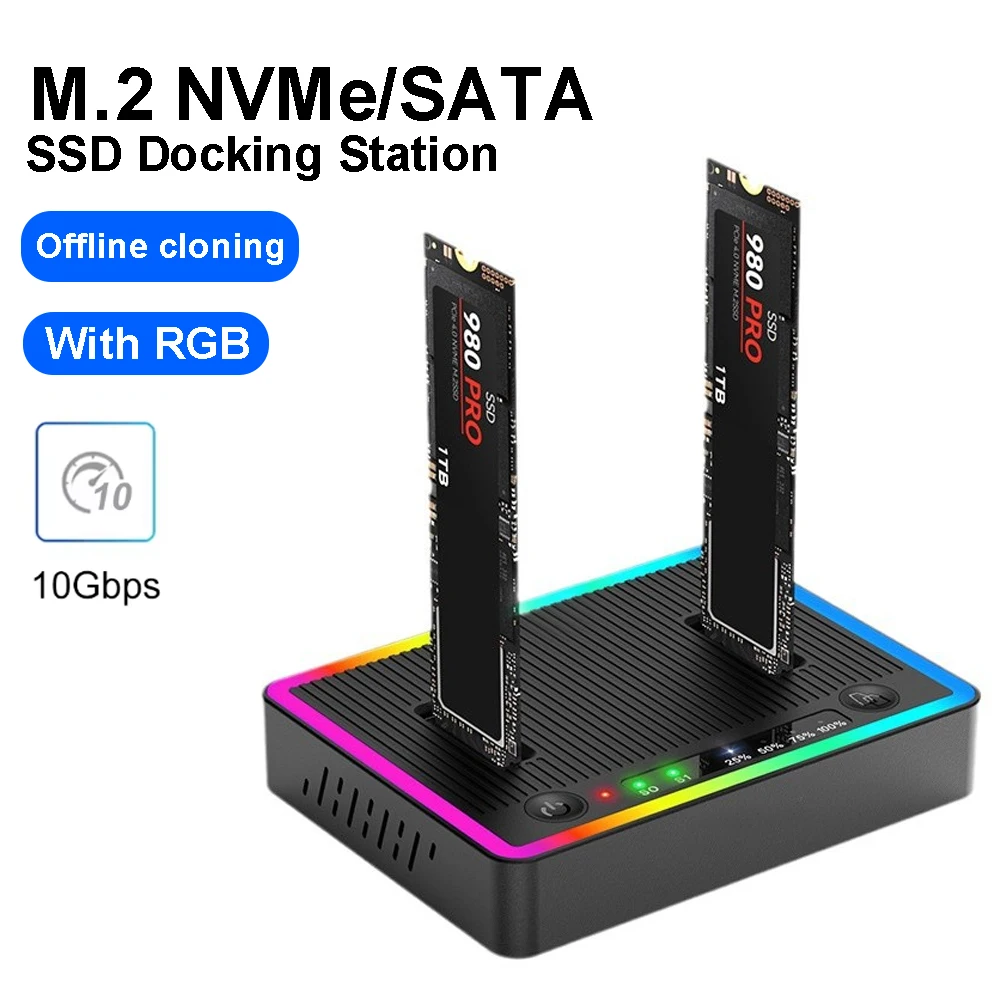 

Duay-Bay M.2 NVMe/SATA SSD Enclosure Type C USB3.2 10Gbps external SSD case Offline clone RGB NVme PCIE Enclosure for PC