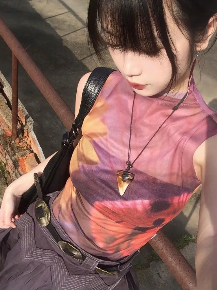 Yedinas Mesh Tops Sleeveless Tshirts Patchwork Tank Tops Korean Fashion Grunge Aesthetics See Through Summer Tops Tanks Y2k