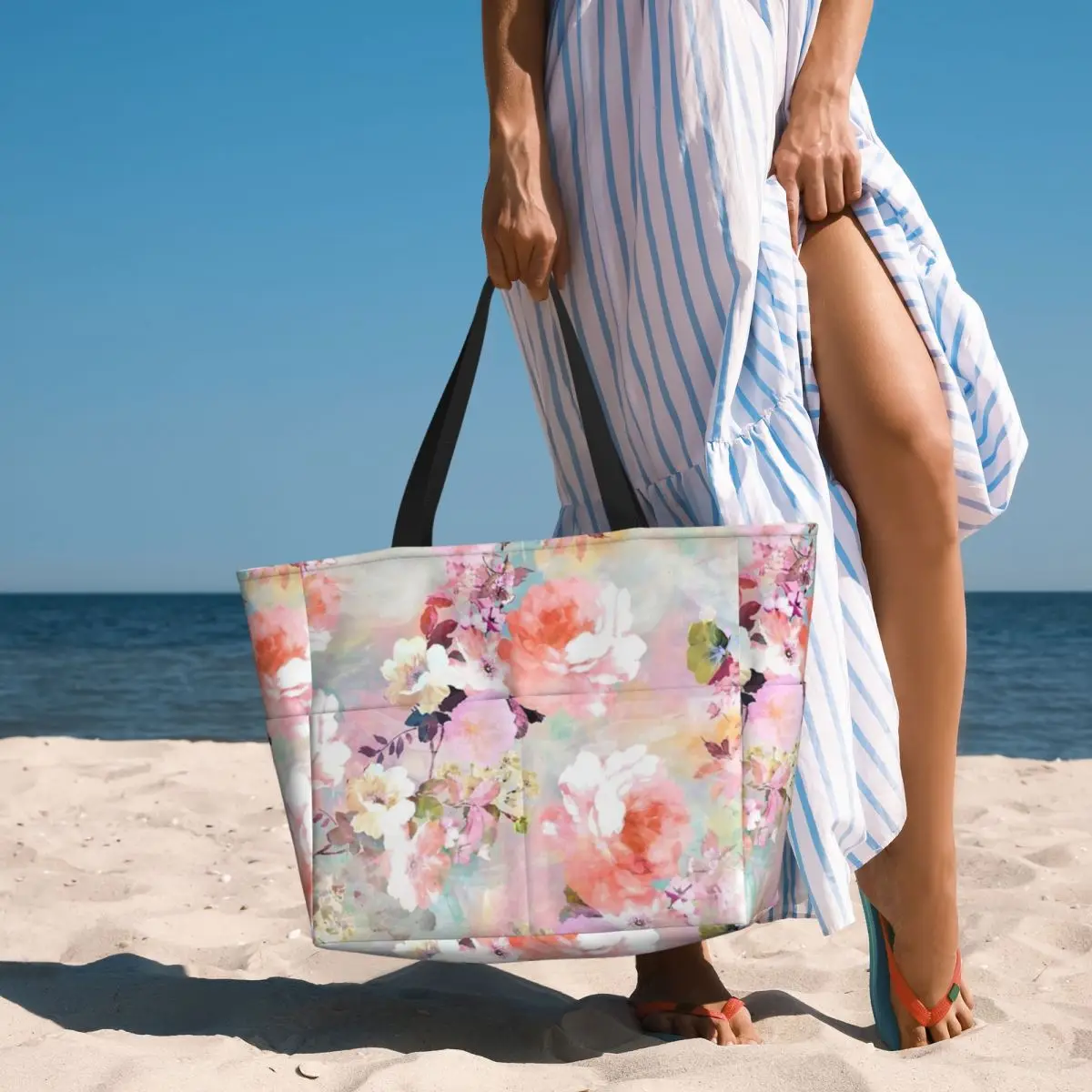 Romantic Pink Teal Watercolor Chic Floral Beach Travel Bag, Tote Bag Popular Large Capacity Travel Birthday Gift Multi-Style