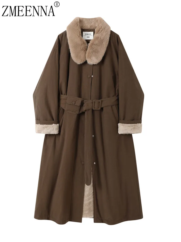 

ZMEENNA женский коричневый длинный плащ с воротником из искусственного меха на подкладке из овчины с завязкой на талии зимняя верхняя одежда на пуговицах ZM4495