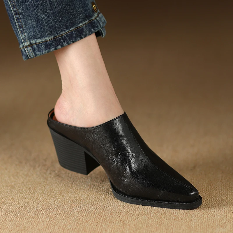 2024 New Spring Summer Leather Mules High Heels Women Shoes Pointed Toe Women Pumps Fashion Shoes for Women Ladies Shoes