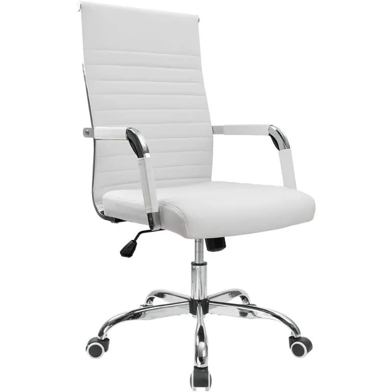 Silla de escritorio de oficina acanalada con respaldo medio, silla ejecutiva de cuero PU para tareas de conferencias, silla giratoria ajustable con brazos (blanco)