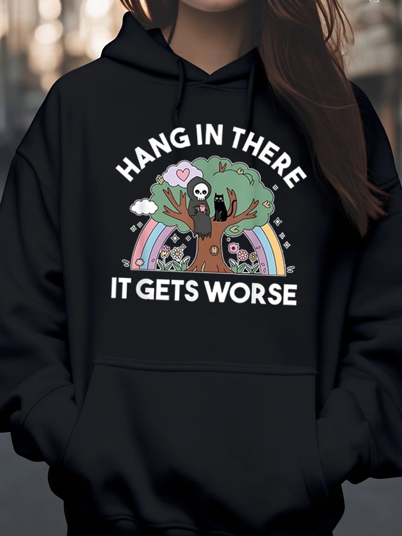 

Толстовка с принтом дерева, радужного черепа и кота, повседневная одежда на Хэллоуин, женская мода