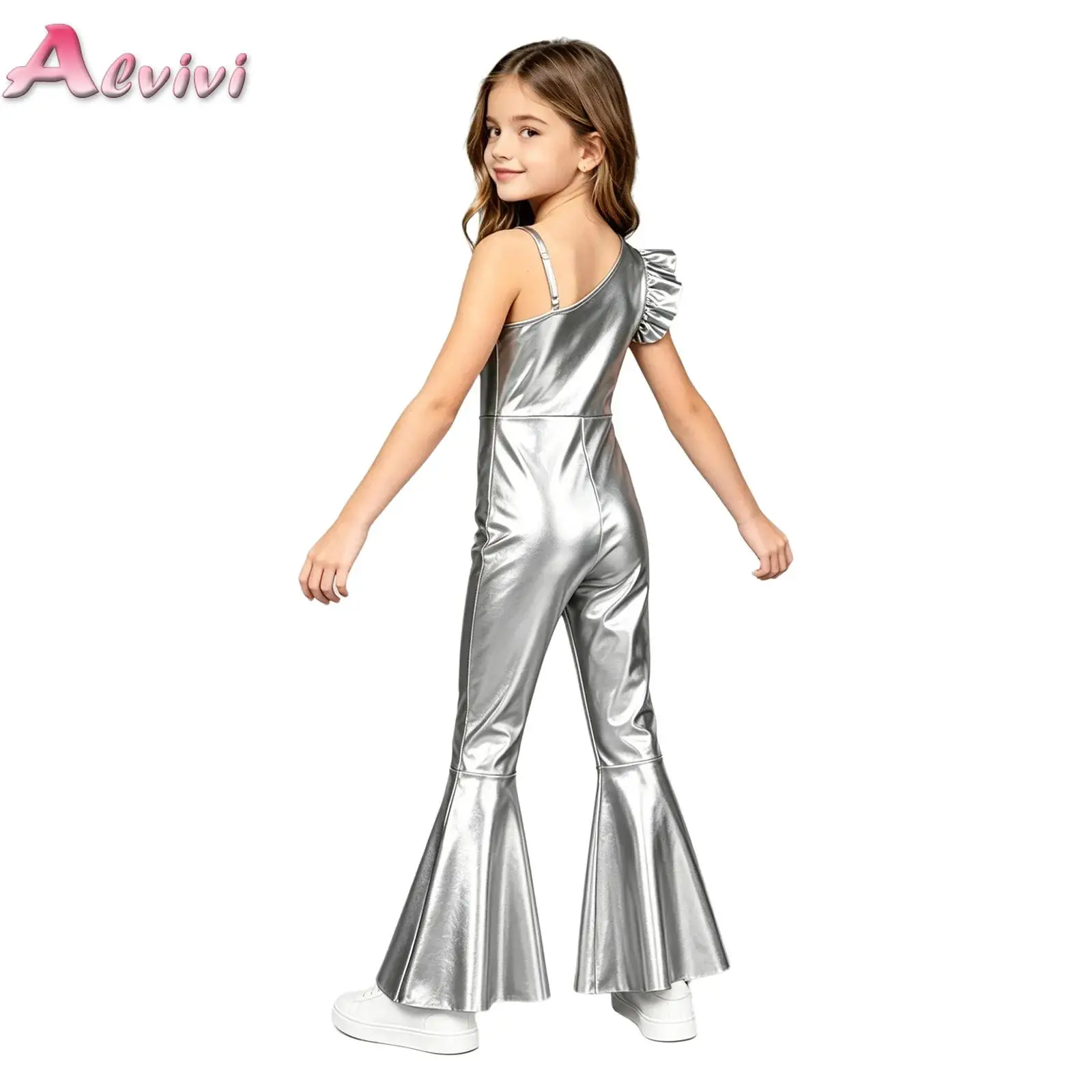 Kids Girls Metallic Hippie Jumpsuit Asymmetrical One-shoulder Ruffled Sleeve Bell-bottom Bodysuit for Birthday Party Photo Shoot