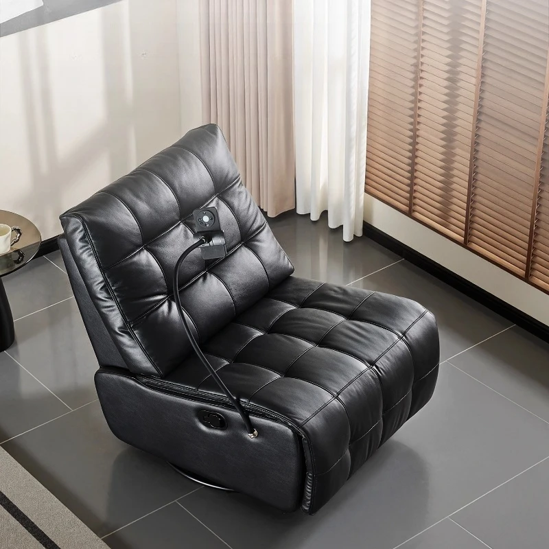 Black Single Leisure Lazy Sofa with Phone Holder Furniture Living Room Genuine Leather Sofa 360 ° Free Rotation 73cm Wide Seat