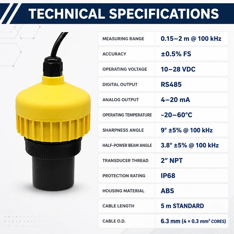 RS485 ultrasonic water level sensor with built-in Bluetooth, 2 m measuring range, for sewer well position monitoring