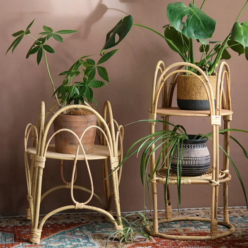 Natural Rattan Woven Flower Stand, Nordic Landing Pots for Plants, Multi-layer Rack for Plants, Balcony Shelf Decoration