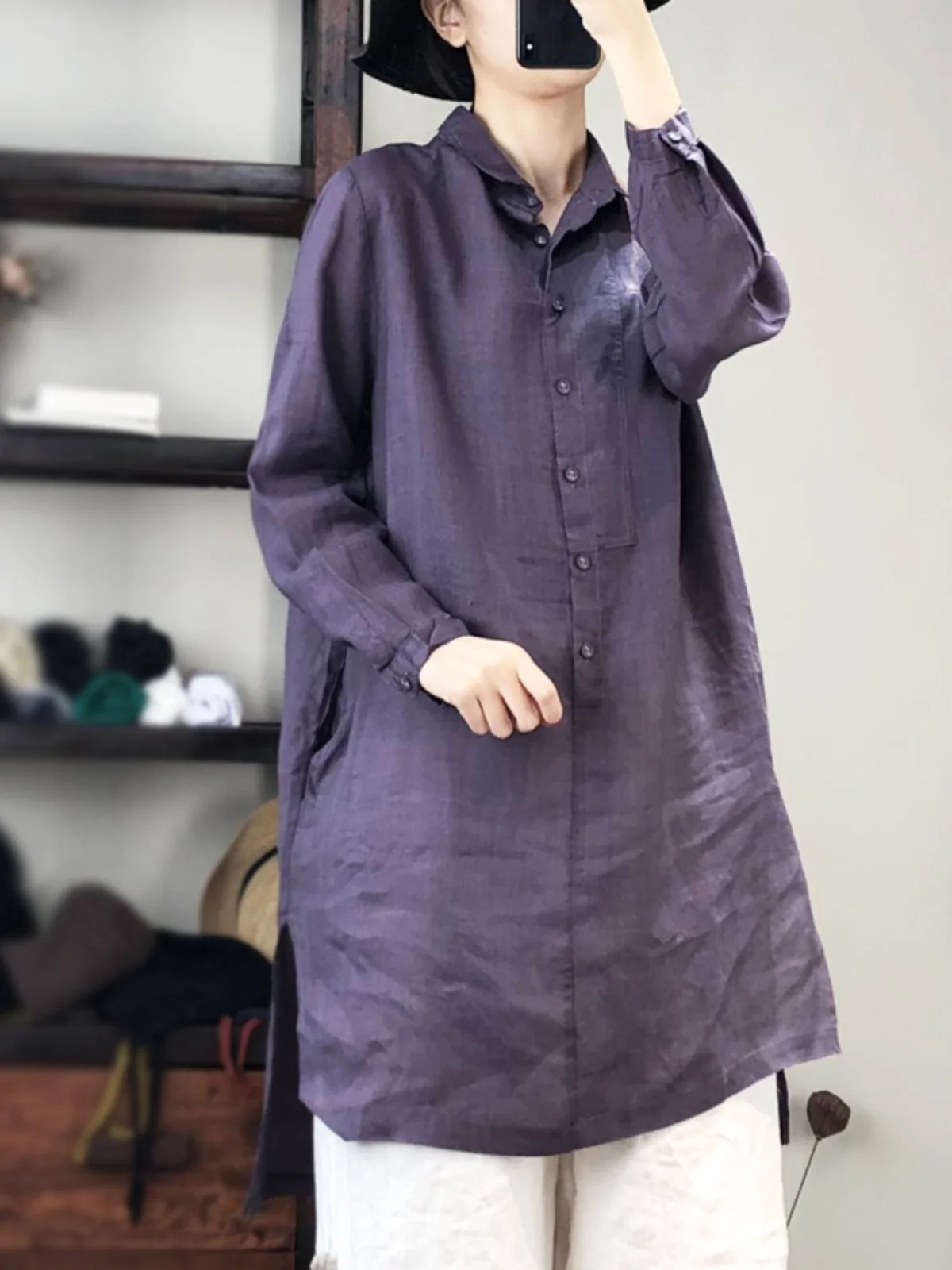 High-End Women's Artistic  Color Loose Fit Long Sve Cotton Linen irt Overhead Sle Korean Commute Faion
