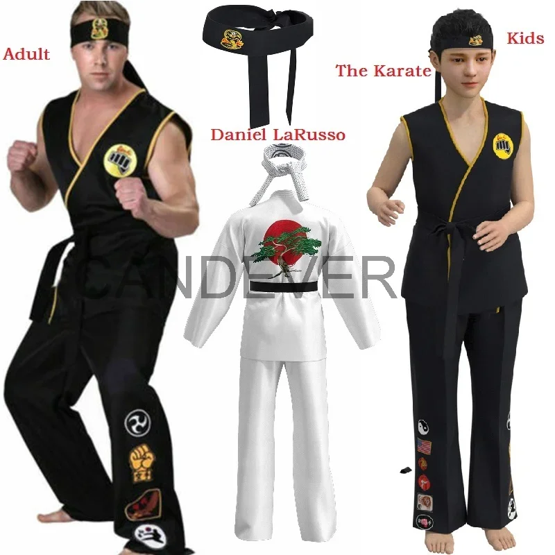 The Karate Kid Daniel LaRusso Johnny Lawrence Black Karate Uniform Headband Cobra Kai Cosplay Costume For Kids Child Adult Men