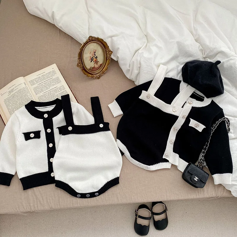 Winter Spring Newborn Baby Girls Clothing Set Long Sleeved Knitted Cardigan+Jumpsuit Toddler Baby Girl Knitting Clothes Suit