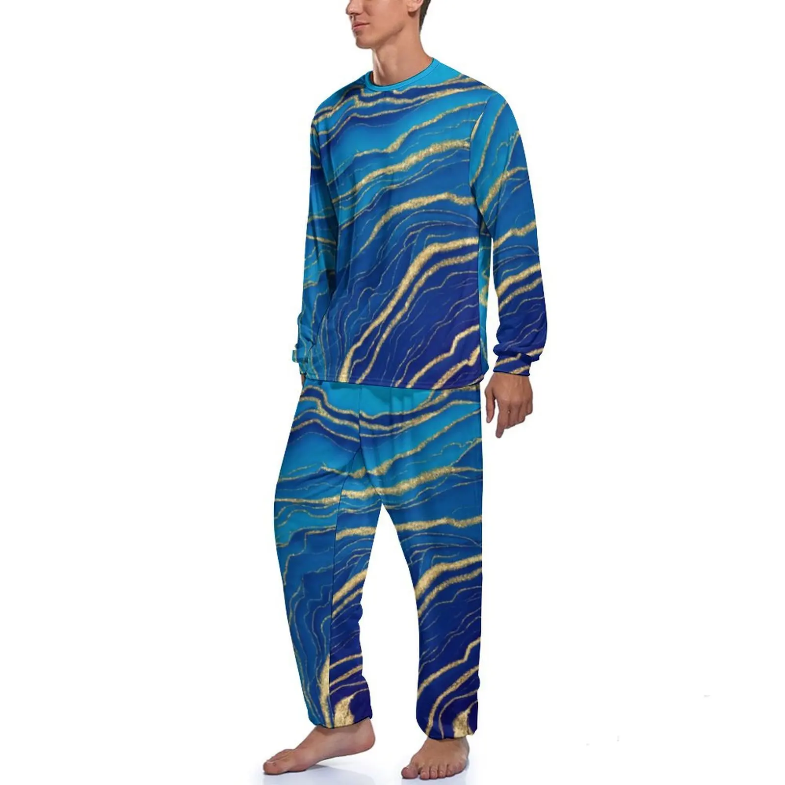 Liquid Marble Pajamas Autumn Blue and Gold Aesthetic Home Suit Male 2 Piece Pattern Long-Sleeve Lovely Pajamas Set