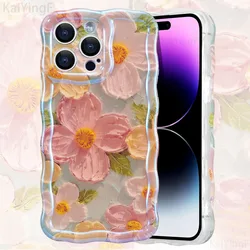 Stylish Phone Case For iPhone 11 12 13 14 15 16 Pro Max Retro Oil Painting Flower Glossy Cute Floral Wave Border Exquisite Cover