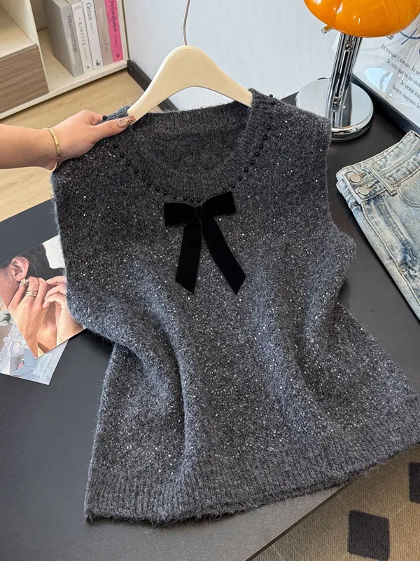 

Casual Knitted Knot Blouse Women's plus Size Design Sparkling Sequins Vest Trendy Loose Fit Spring Season Regular S...