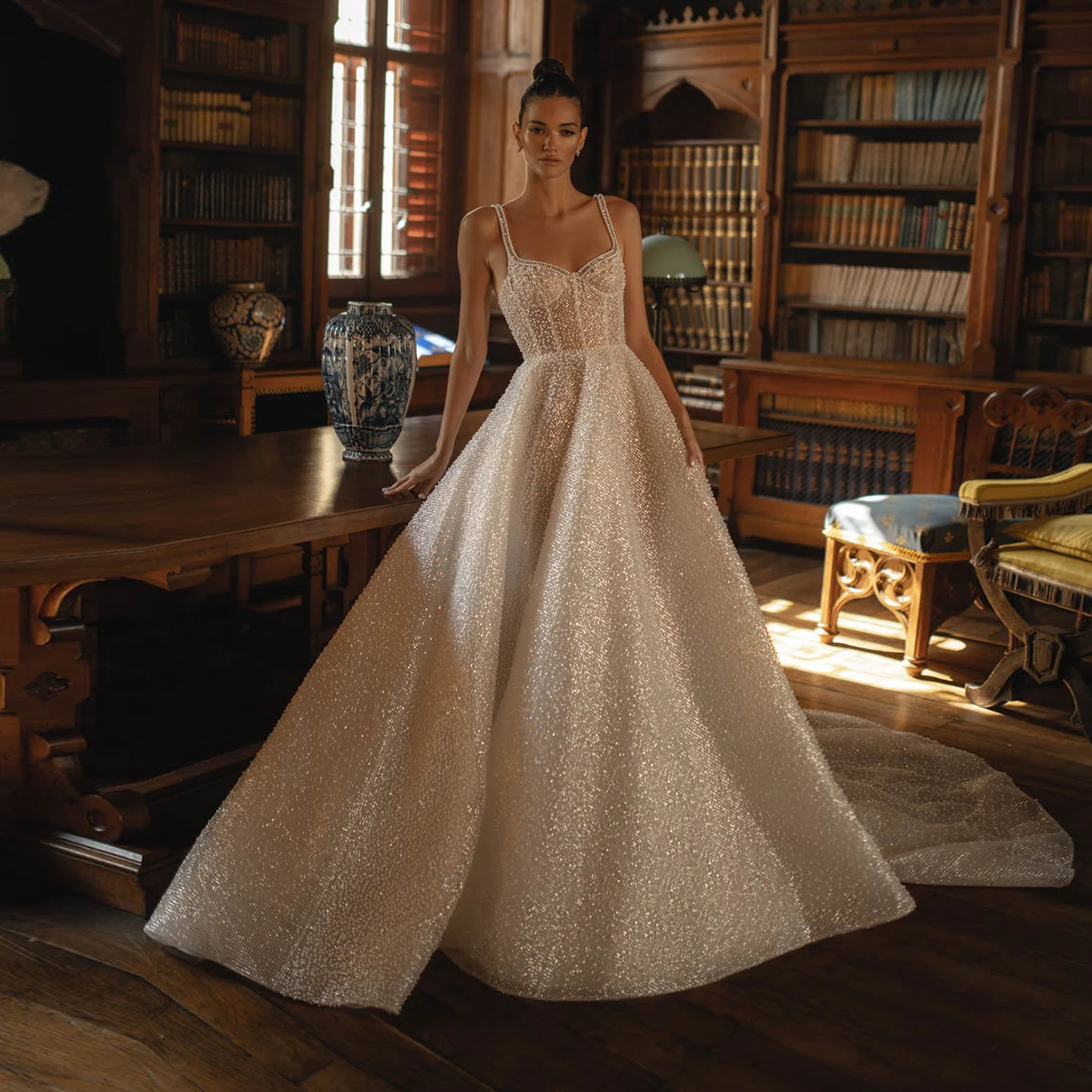 

Sharon Said Sparking Spaghetti Strap Champagne Wedding Dress 2025 Sweetheart Court Train Tulle Bride Gowns SW196 Customized