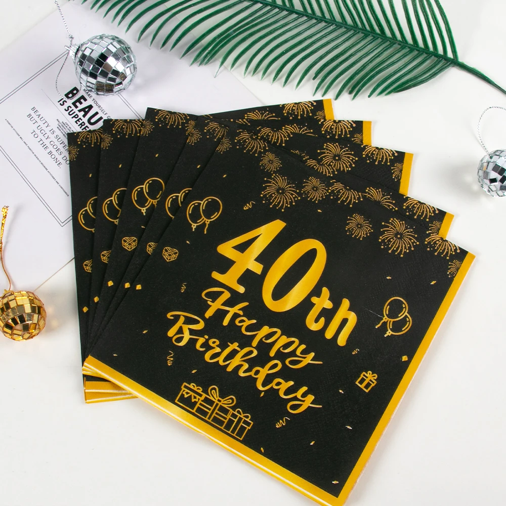 20pc Happy Birthday Disposable Napkins 30 40 50 60th Retro Black Gold Theme Adult Anniversary Birthday Party Decoration Supplies