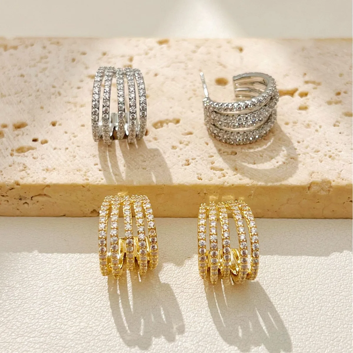 Light luxury temperament multi-layer C-shaped stud earrings with micro-inlaid zircons and silver needles
