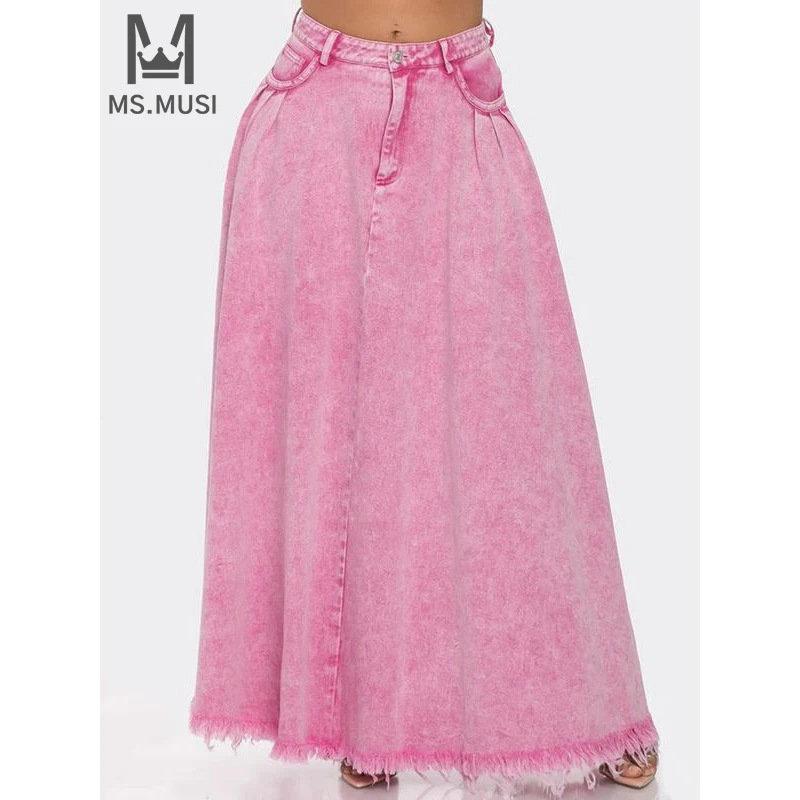 MSMUSI 2024 New Fashion Women Sexy Solid Denim Bodycon Party Club Slim Office Lady A-Line Maxi Skirt Long Jean Skirt With Pocket