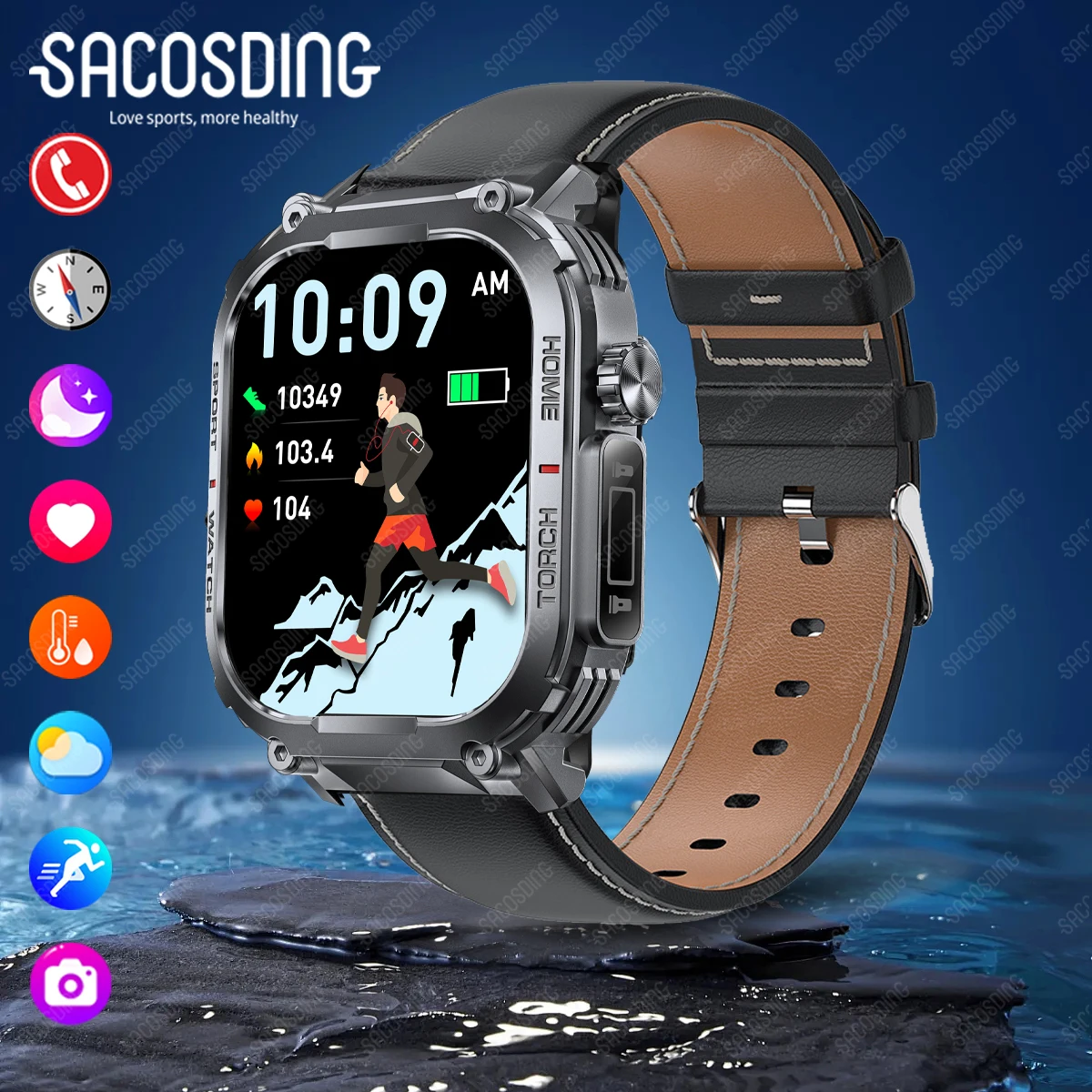 New Strong Flashlight Smart Watch 3ATM Waterproof Clock Men Outdoor Sports Blue Tooth Call Smartwatch Men Compass Health Monitor