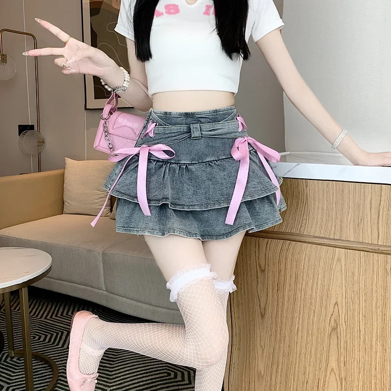 

Pop Retro Versatile Denim Skirt Shorts Women's Korean Sweet And Spicy Y2K High Waisted A-line Bow Cake Skirt Denim Pleated Skirt