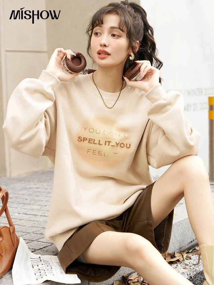 MISHOW Women\'s Letter Embroidered Print Oversized Sweatshirts 2023 Autumn Sunset Pullover Crew Neck Casual Soft Tops MXC48V0027