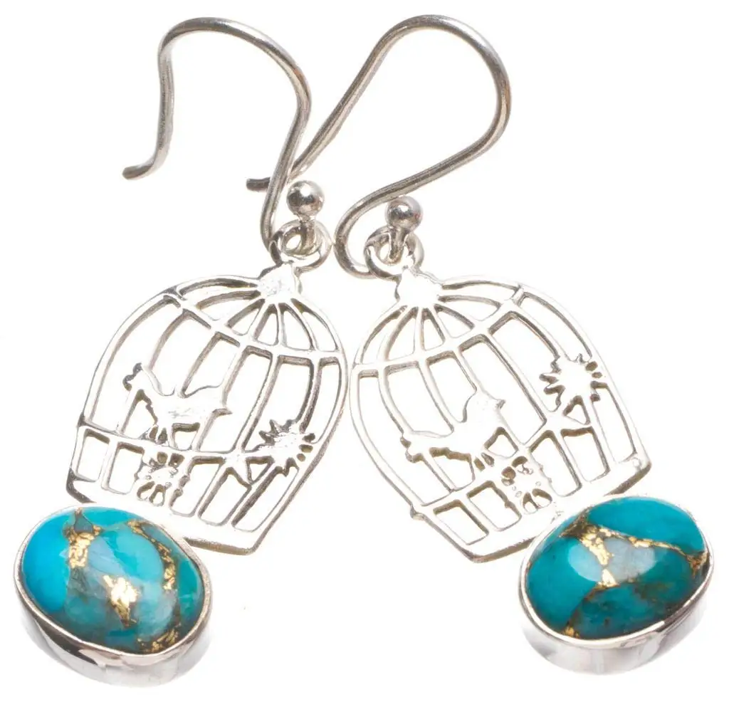 

StarGems® Natural Copper Turquoise Birdcage Handmade Boho Bird Cage Shape 925 Sterling Silver Earrings 1 1/2" T4264