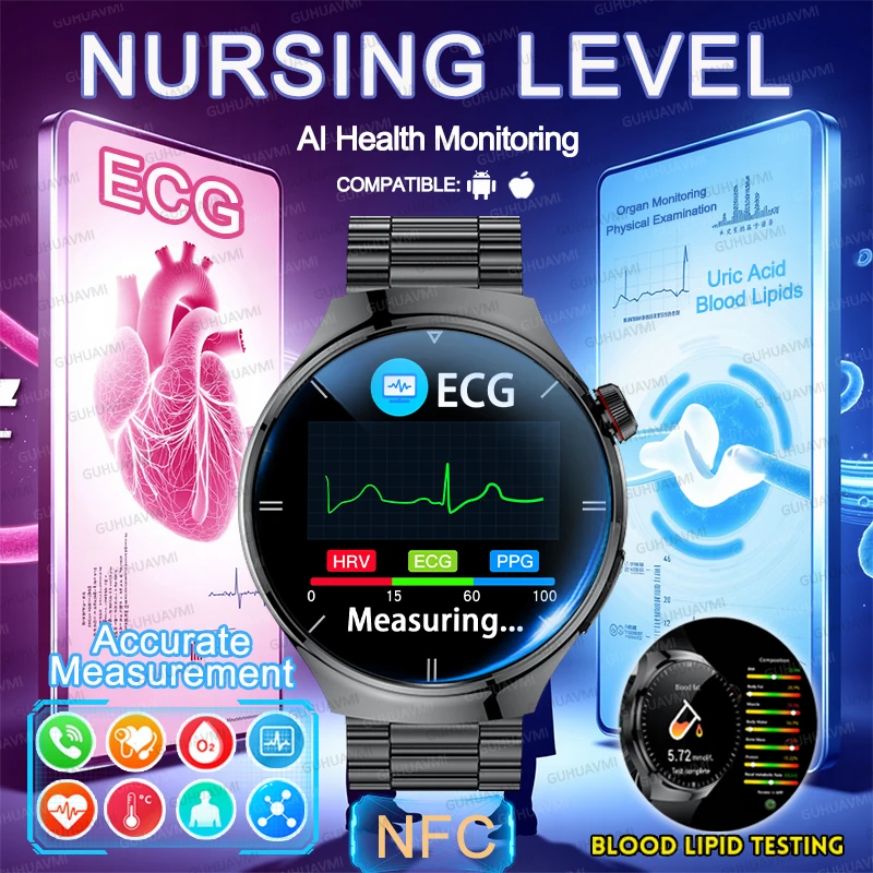New Nursing Grade ECG Monitor SmartWatch Men Blood Oxygen Blood Lipid Uric Acid Body Temperature Clock NFC HD Call Health Watch
