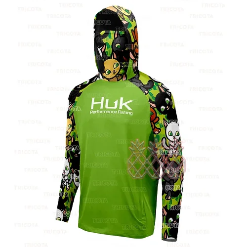 HUK-Sudadera con capucha de pesca para hombre, camisas de dibujos animados, máscara para el cuello, manga larga, ropa de pesca de secado rápido, gorra transpirable con protección UV, Tops de pesca