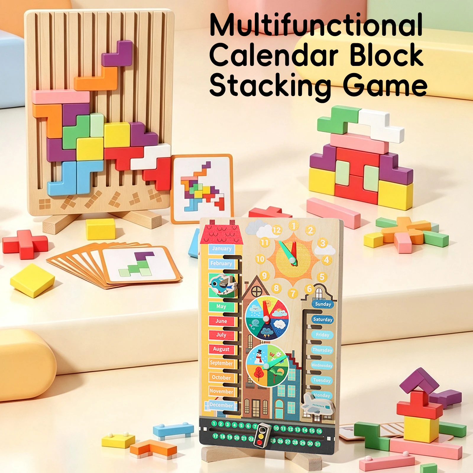 Early Calendar Russian Puzzle 3D Three-Dimensional Wooden Block Building Block Baby Logic Training Puzzle Toys Parent-Child Gift
