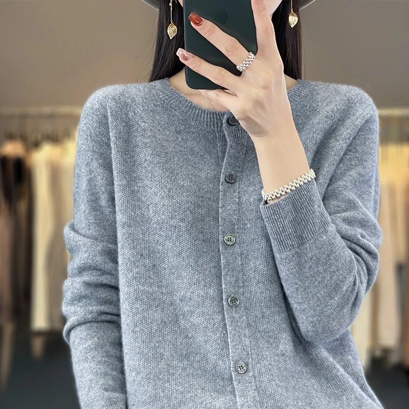 New Fashion Spring 100%Pure Merino Wool Women\'s O-neck Cardigan Cashmere Sweater Female Clothing Grace Knitwear Lady Korean Tops