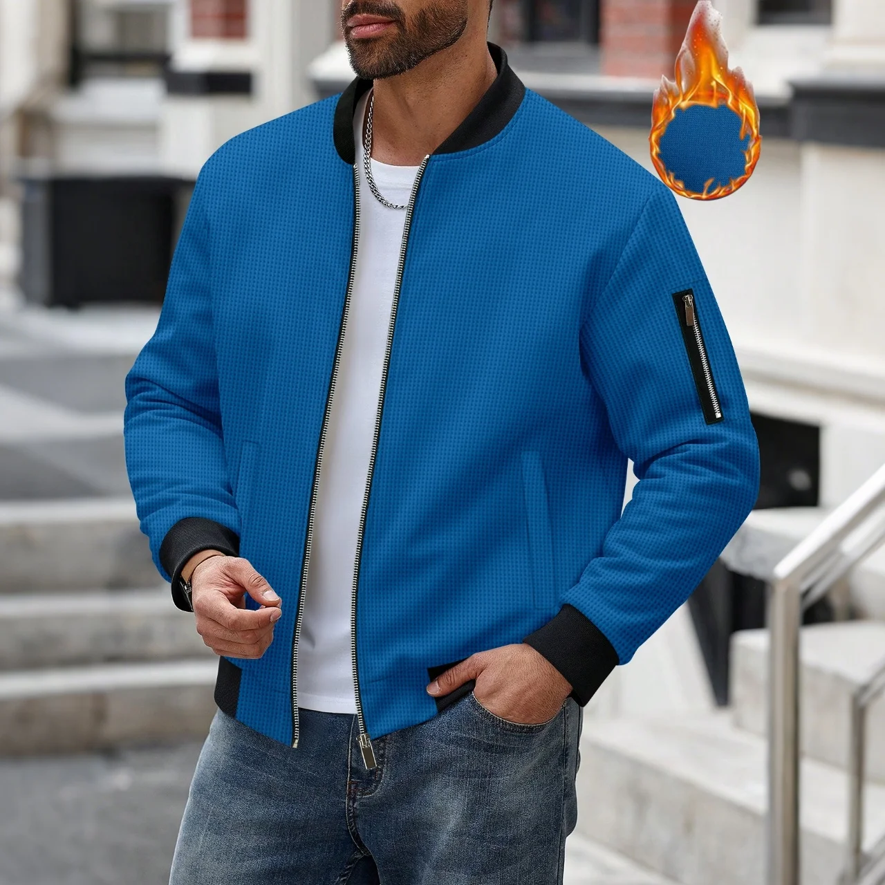 Herren Waffelstrick Thermo-Bomberjacke Fleece-Gefüttert mit Ärmel-Reißverschlusstasche Winter-Oberbekleidung