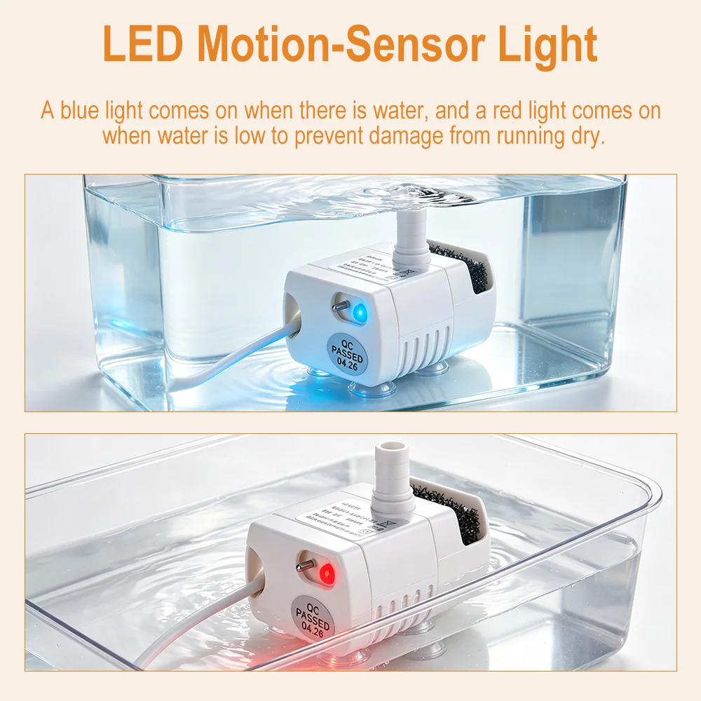 USB Water Pump DC 5V Submersible Mini Pump Pet Drinking Fountain Water Pump For Cat Drinker Replacement LED Light Automatic Off