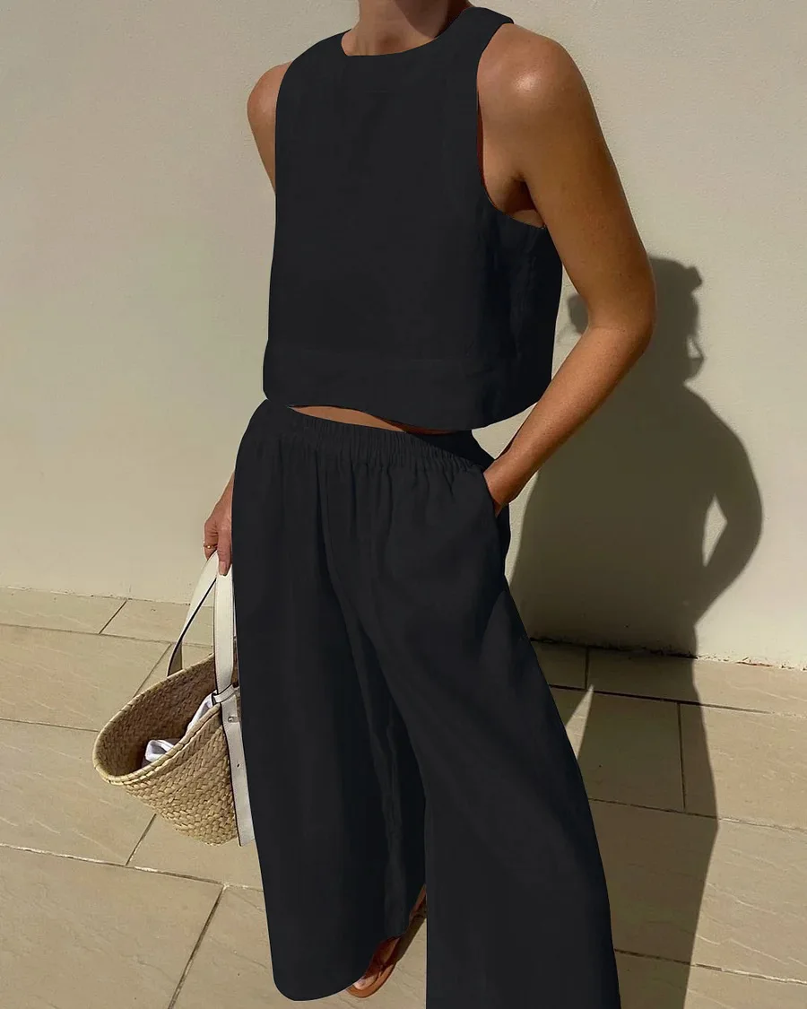 Summer Loose Cotton Linen Set Women Summer O Neck Sleeveless Tank Top +Wide Leg Pants Two Piece Sets Casual Harajuku Style Suit