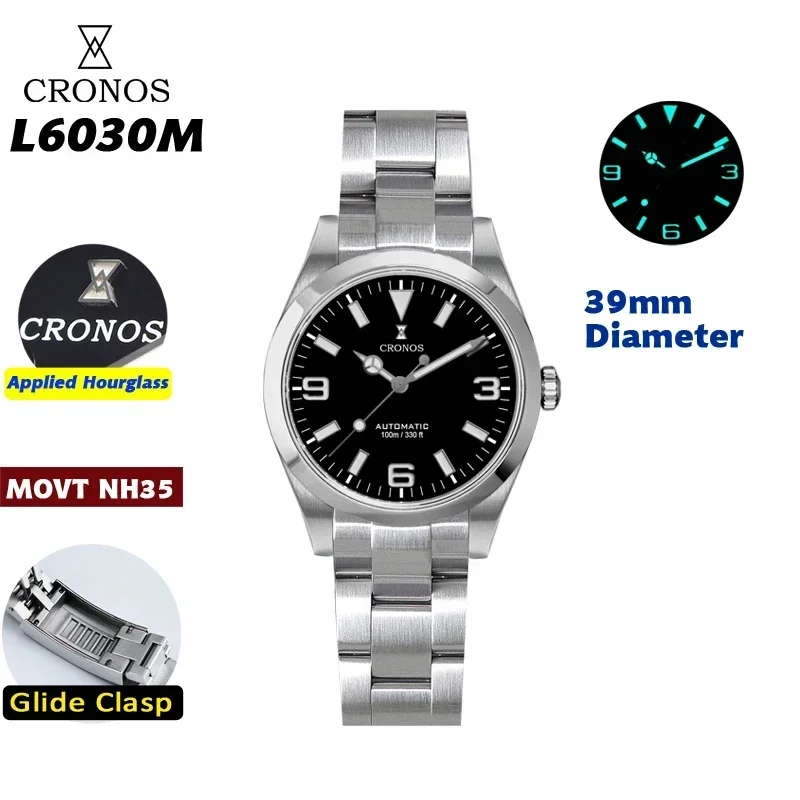 Cronos L6030 39MM Men's Watch NH35 Movement Sapphire Glass Bracelet Glide Clasp Waterproof 100M Automatic Mechanical Watches