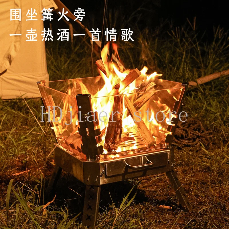 Burning Platform Outdoor Stainless Steel Firewood Stove Portable Folding Bonfire Rack Microcrystalline Glass