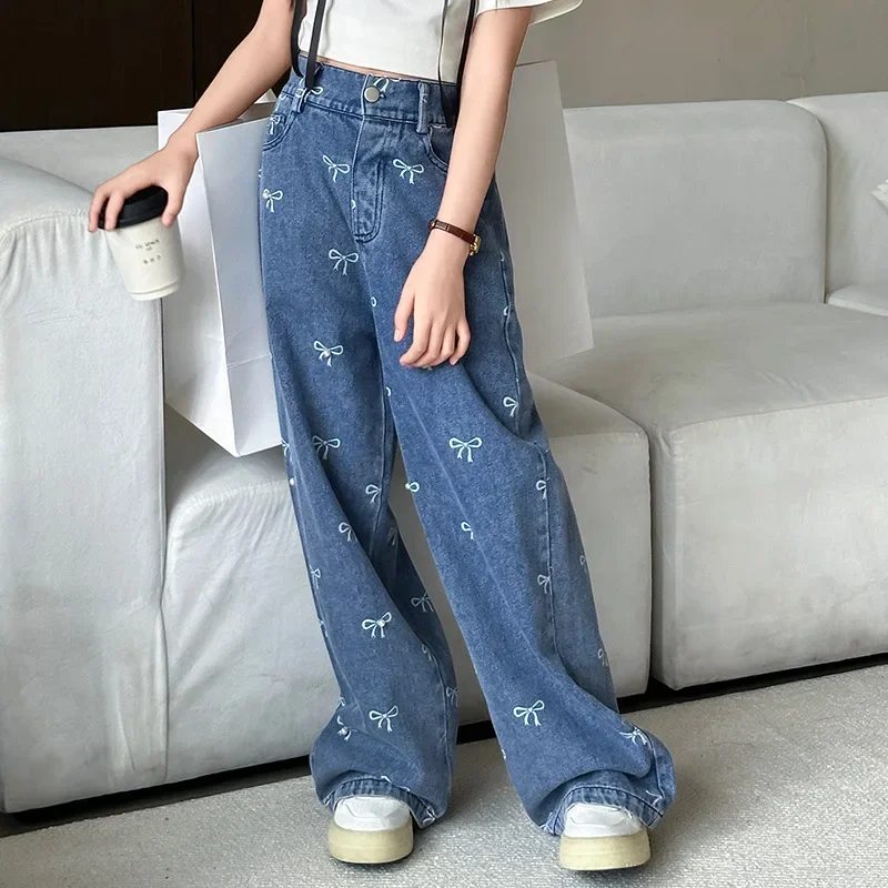 

Girls Jeans Bow Print Casual Loose Children Wide-leg Pants 2025 Spring Fashion Elastic Waist School Teen Daily Straight Trousers