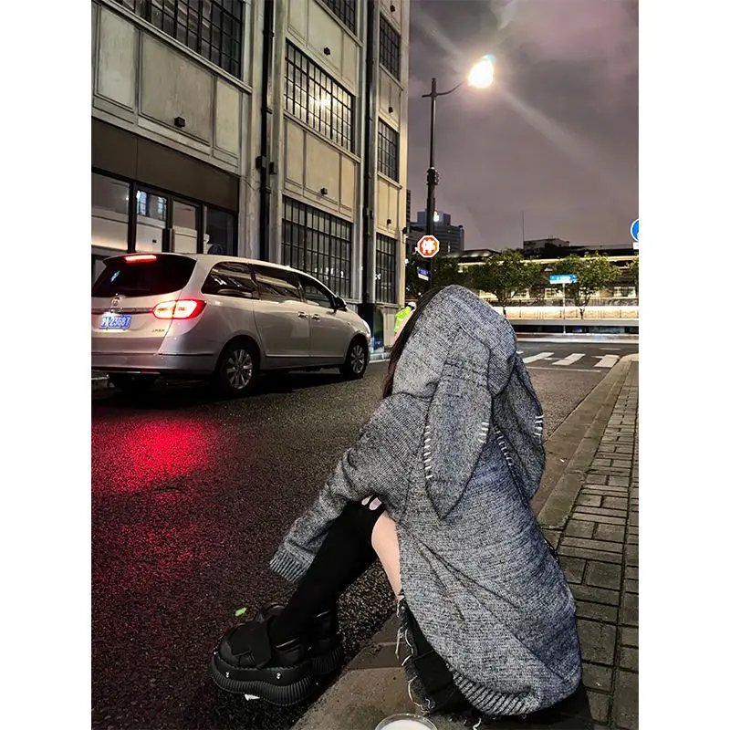 

American Cute Rabbit Ear Hooded Sweater Jacket Women's Plus Size Early Autumn Lazy Loose Casual Knitted Cardigan Trend