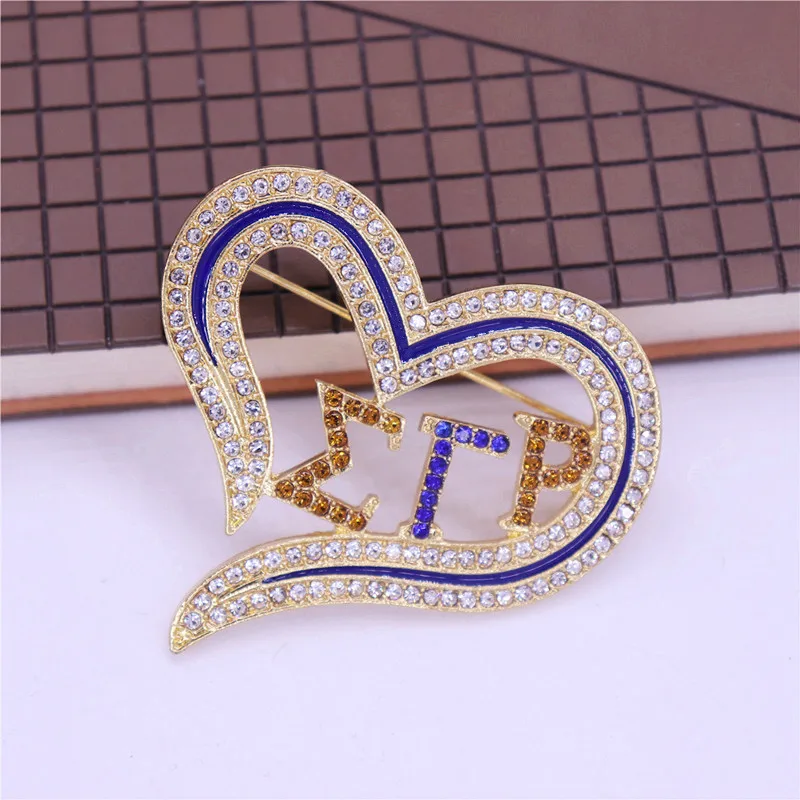 Customize Fashion Open Heart Blue Yellow Rhinestone Greek Sigma Gamma Rho Brooch Sorority Pin For Women