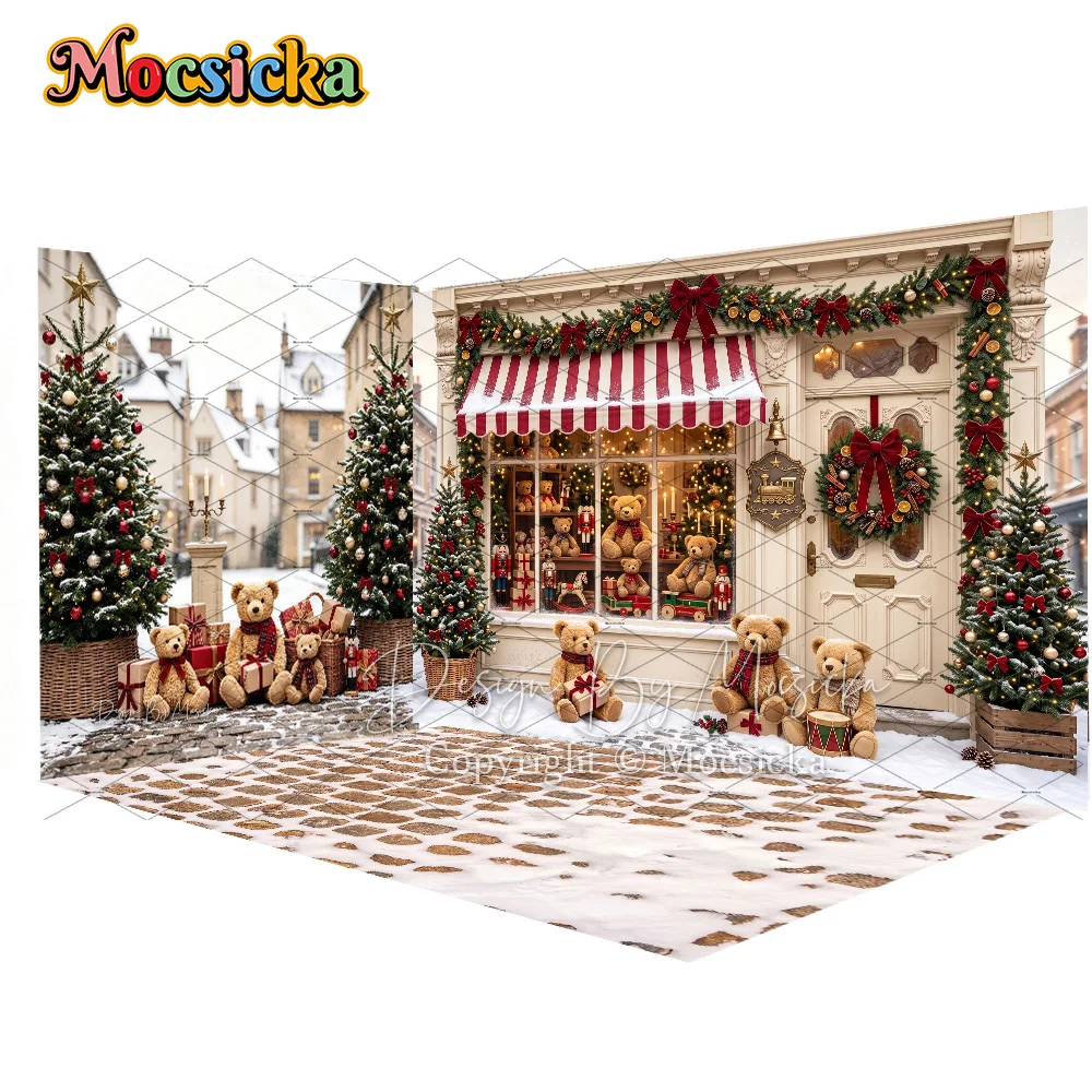Mocsicka Christmas Toy Bear Shop Corner Backdrop Photography Snowy Xmas Corner Garland Wreath Gift Background Kids Family Photo