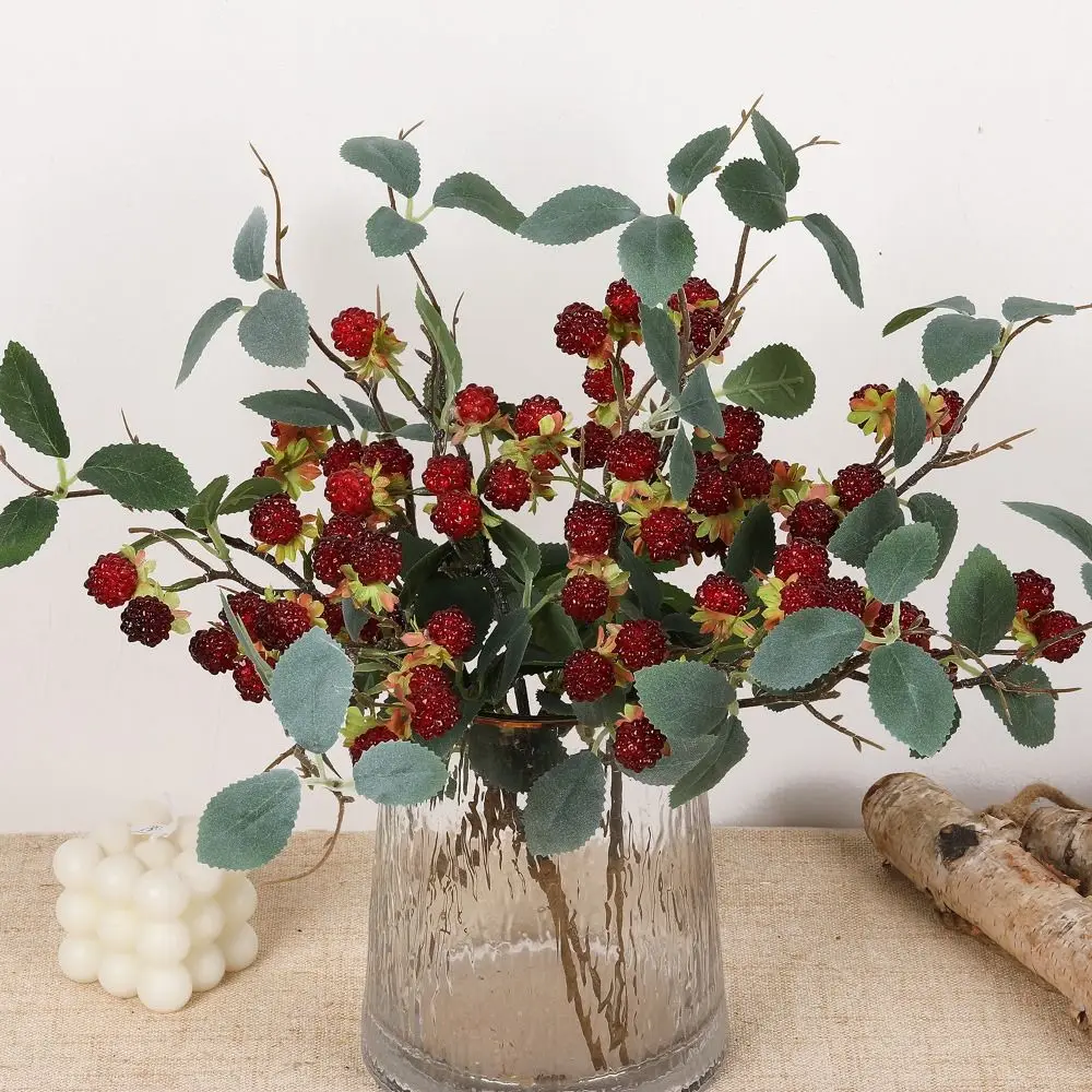 Creative Red Raspberry Artificial Plant Green Leaves Photo Props Simulation Berry Branches Faux Mulberry Fruit Gift - Detail 1