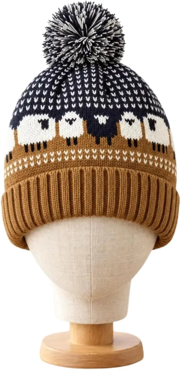 Sheep Knit Beanie for Gamers & Horror Fans, Cosplay Pom Pom Winter Hat