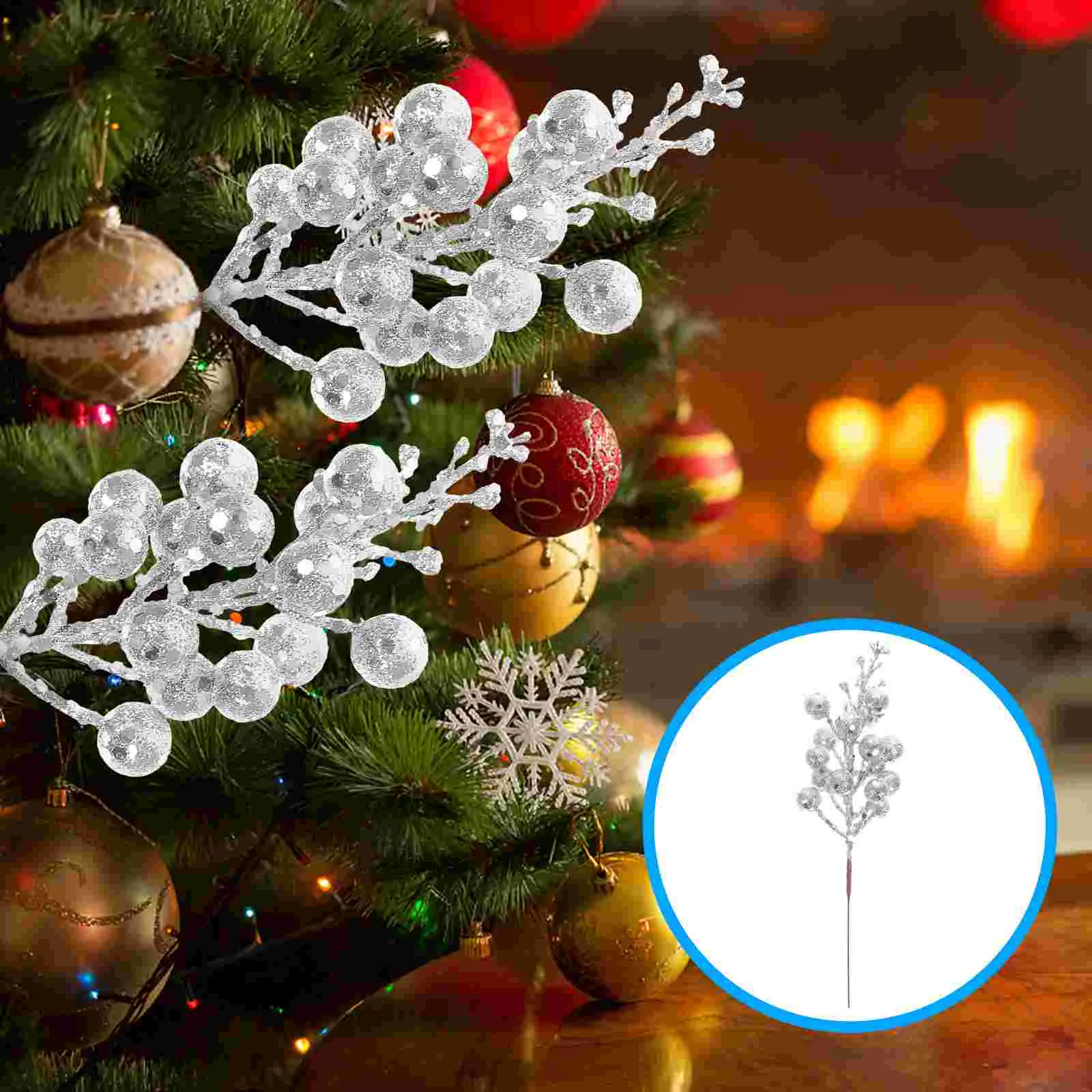 10 Pcs Christmas Decorations Imitation Berries Fake Berry Stem Glitter Artificial Spray Silver for Christmas Tree