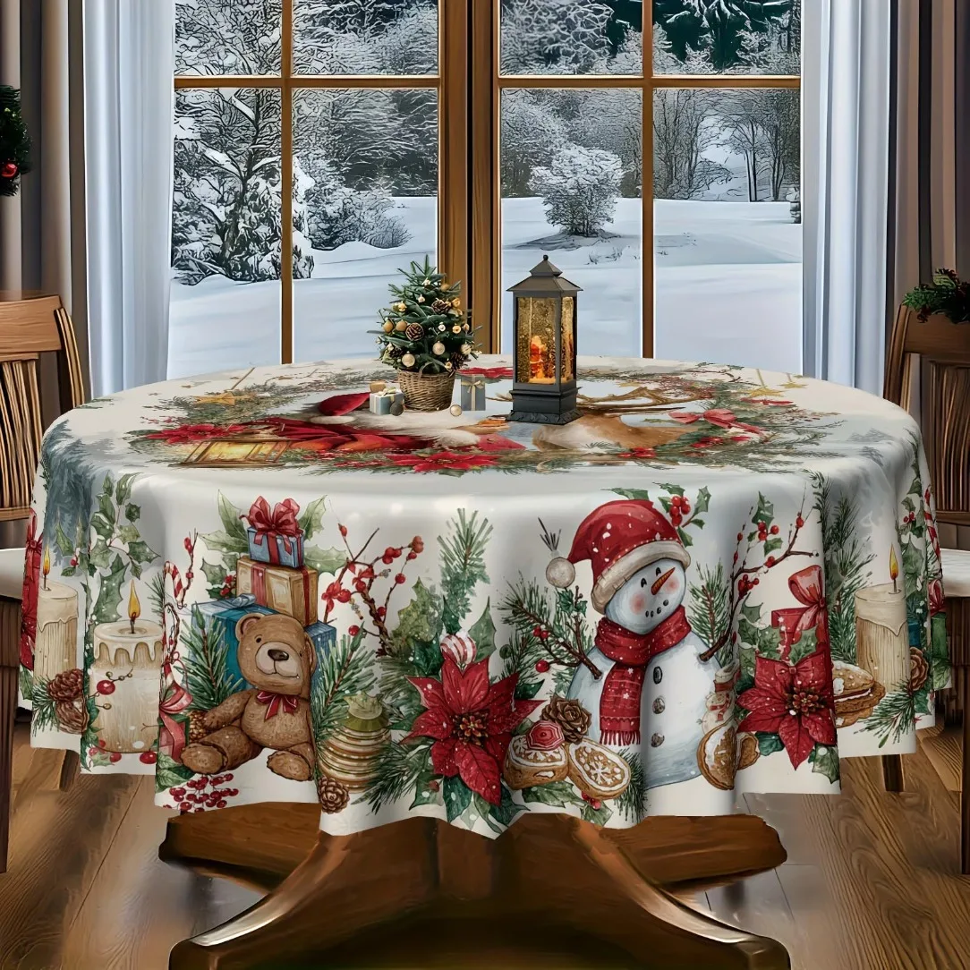 2D Flat Tablecover 1PC Santa Reindeer Round Tablecloth, Vintage Christmas Wreath Lantern Snowman Teddy Bear Pattern