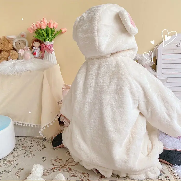 Coalfell Plush Autumn Winter Warm White Kawaii Lolita Teddy Bear Ear Cute Hat Long Coat Thick Top Girl