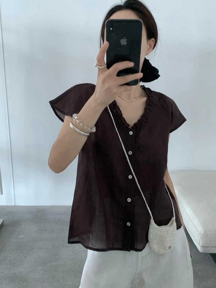 Summer 2025 Korean Sle V-Ne Loose Fit Linen irt Thin oulder Cover Design Faionable Women's Top Casual Commute Sle