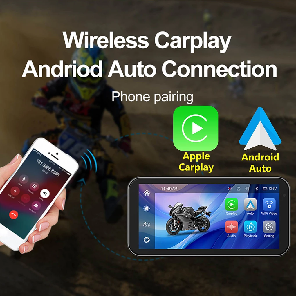 6.25 Inch Motorcycle Front Rear Dual Driving Recorder Waterproof Wireless CarPlay Android Auto Mote Smart Display GPS Navigation
