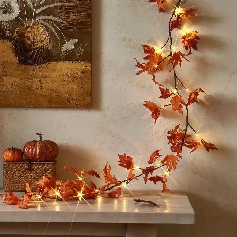 Thanksgiving Autumn Maple Leaf Vine Wall Light, Flexible Branch LED Fairy String Light Fall Maple Garland Lamp for Fireplace Wall Home Bedroom Decor