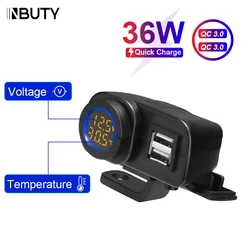 INBUTY Motorcycle Charger 12V QC3.0 Dual USB Mobile Phone Fast Charger Voltmeter Thermometer Phone Charger Display Socket