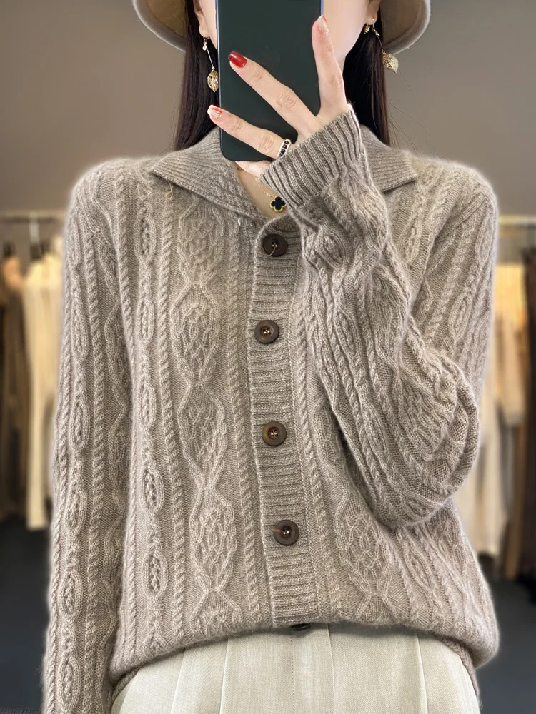 Autumn Winter Coat Women Turn-down Collar Cardigans Sweater 100% Merino Wool Knitwear Loose Twist Flower Cashmere Clothing Tops