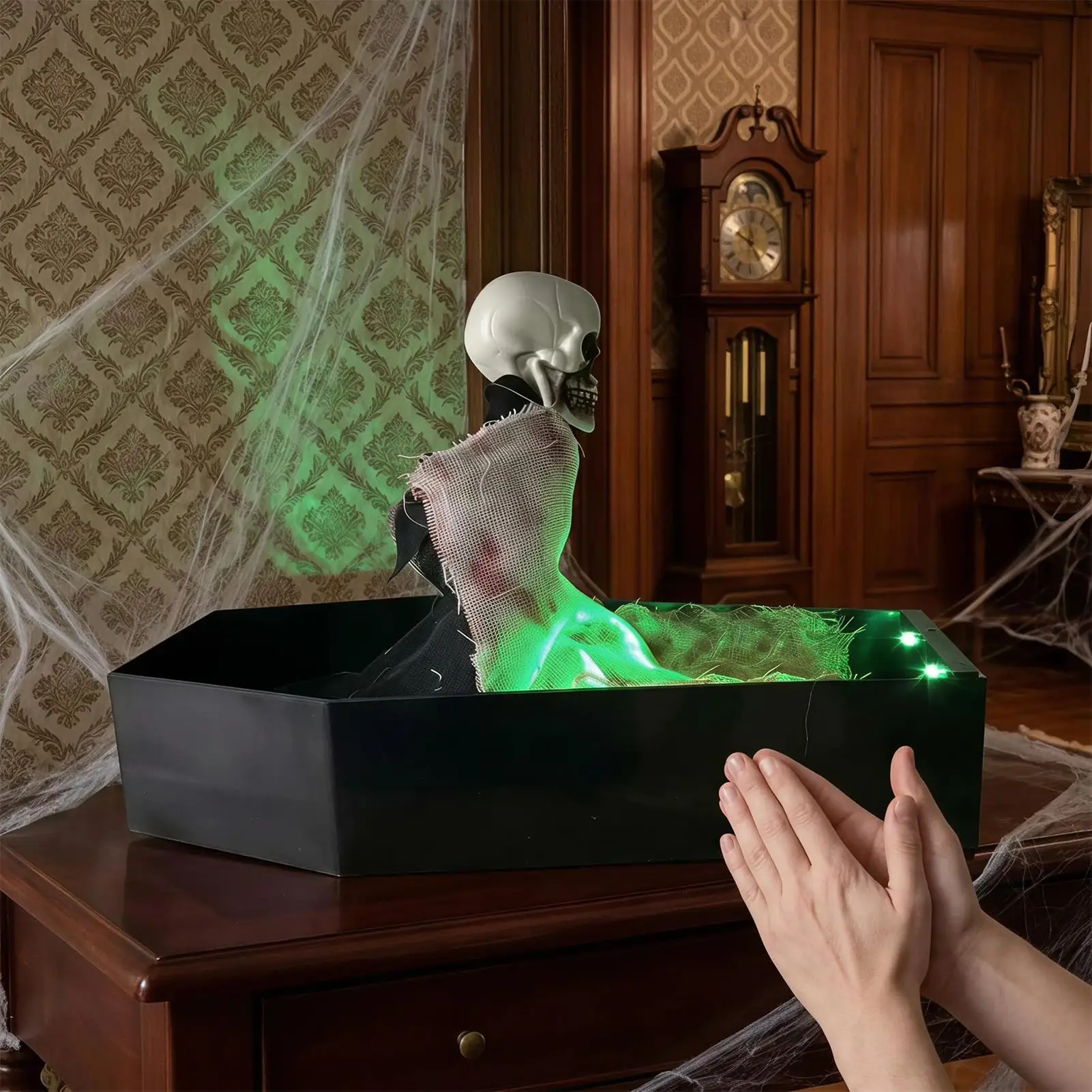 Halloween Skeleton Voice Activated Spooky Figure in Coffin Halloween Decorations Outdoor Skeleton with Scary Sounds Green LED