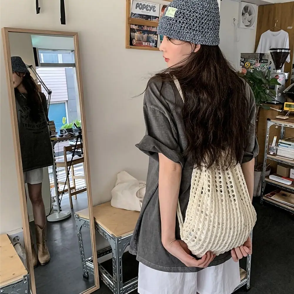 

Однотонная вязаная сумка через плечо в стиле лоу-эйр, ажурный бохо-рюкзак крючком, универсальный, большой вместимости